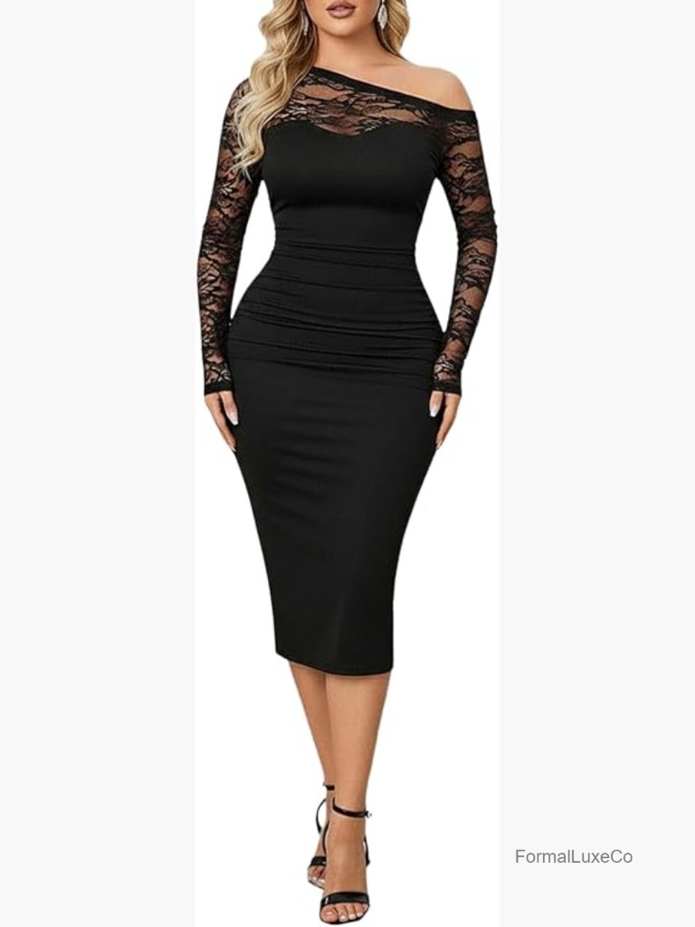 Lace Off Shoulder Bodycon Midi Dress Long Sleeve Ruched Party Cocktail